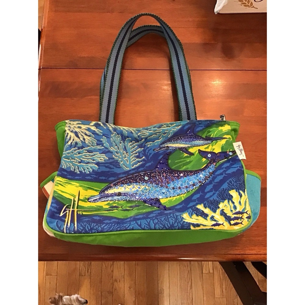 GUY HARVEY Dolphin tote/purse cruise beach vacation wear 15"x 9" Blue/Green EUC